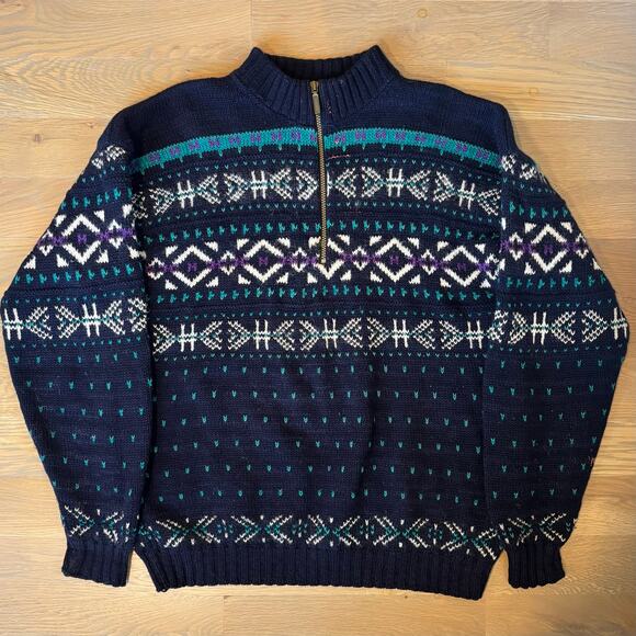 VTG 90s REI Nordic Sweater Fair Isle Wool Blend 1/4 Zip Blue Mens Size XL - Picture 7 of 8